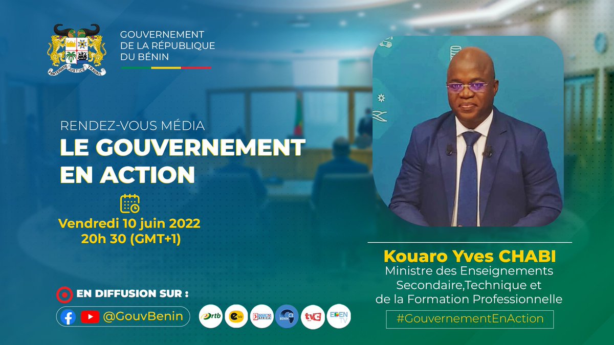 gouvbenin's tweet photo. 📺Un an après l'engagement pris le 23 mai 2021, le bilan est encourageant dans le sous-secteur des enseignements #STFP.
🛑 Des précisions avec le #MESTFP M. Kouaro Yves CHABI ce vendredi 10 juin 2022 à 20h 30 sur @ortb_info, les 📺 privées et @gouvbenin.
#GouvernementEnAction https://t.co/4KomGz4oV9