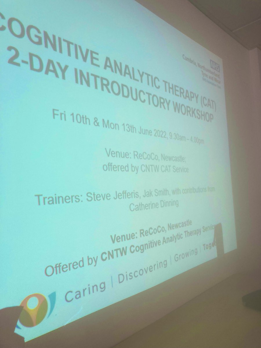 SmithJak1's tweet image. We are delighted to be back in person for the @CNTWNHS 2 Day #cognitiveanalytictherapy Introduction … with special thanks to @RecoveryCoCo for a warm welcoming and hosting us. (@steve_jefferis)