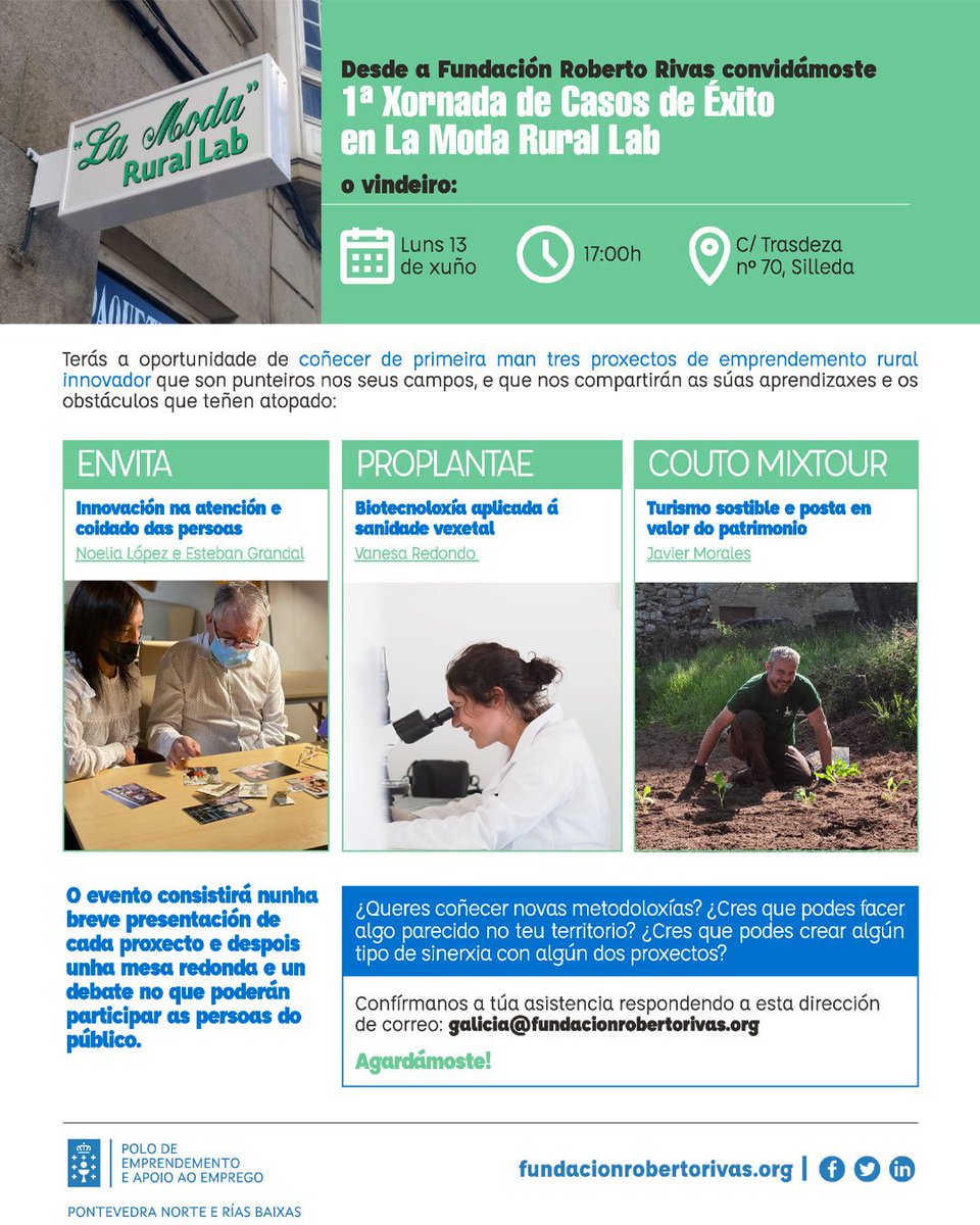 eusumogal's tweet image. A @rr_fundacion organiza hoxe a xornada  #LaModaRuralLab.

Poderas coñecer de primeria man tres proxectos de emprendemento rurais e aprender como resolver os retos e obstáculos que existen neste entorno