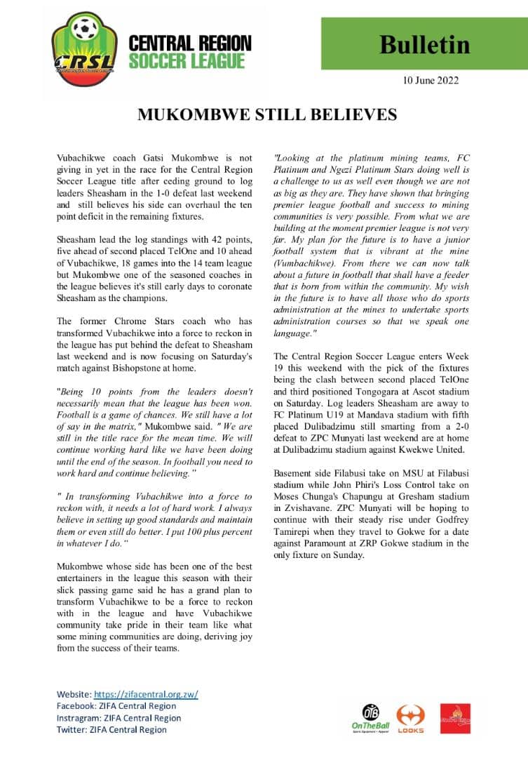 CRSL News Bulletin

"Mukombwe still believes".