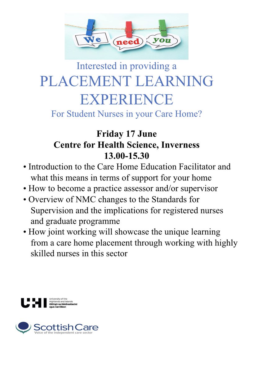 Opportunity to find out more about your care home becoming a placement learning experience for future nurses <a href="/NHSHighland/">NHS Highland</a> <a href="/scottishcare/">Scottish Care</a> #socialcarenursing #futureworkforce