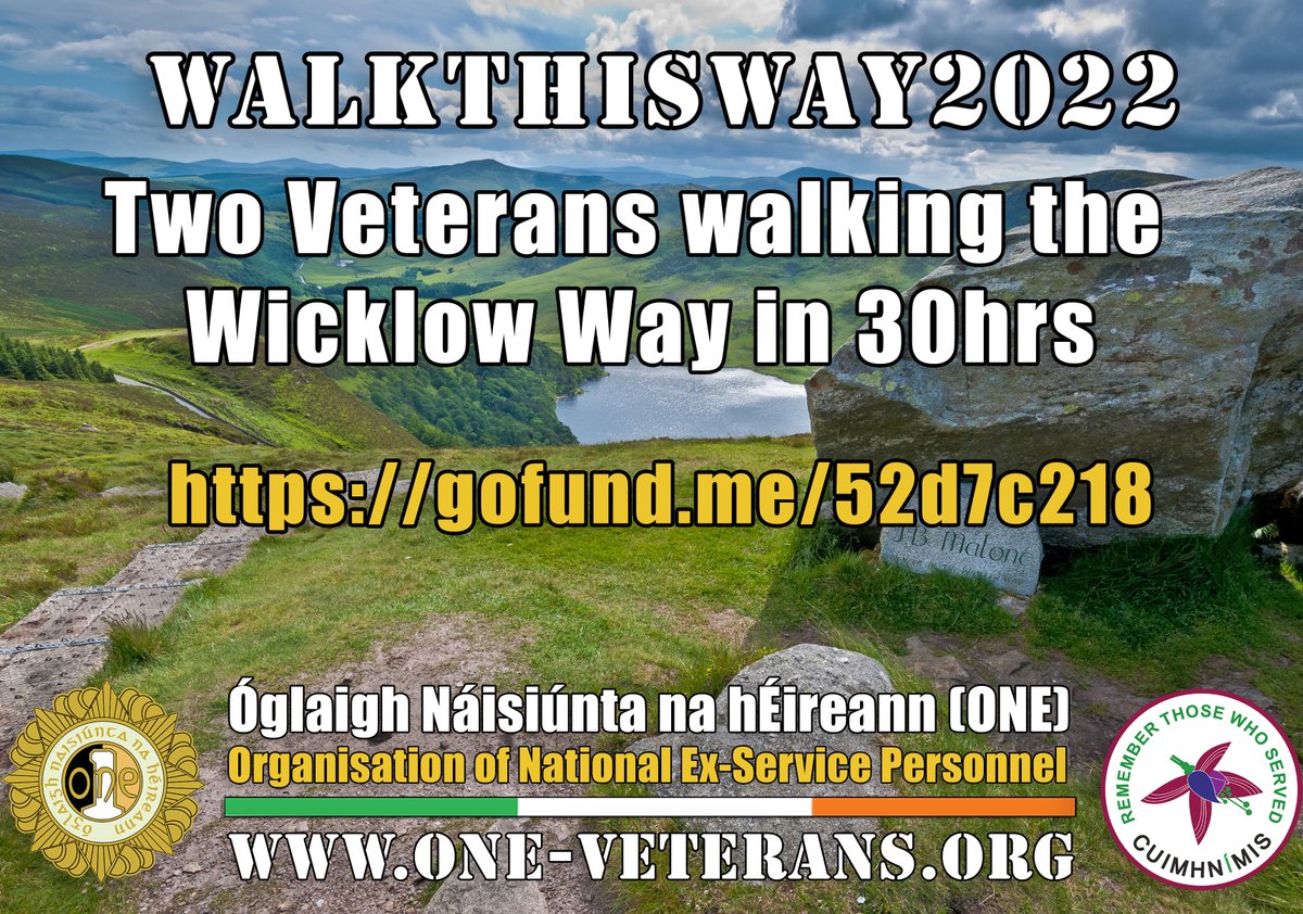 OneFuchsia's tweet photo. Tomorrow, Saturday 11th June 2022 two #DefenceForces #Veterans will trek 132km of the #WicklowWay in 30hrs for ONE Veterans Charity.

They are good friends &amp; former #ReserveDefenceForce (#RDF) colleagues Roy Gallagher &amp; Ronan De Leis.

Please support: https://t.co/dqMrIMxDia https://t.co/ohyMPAd697