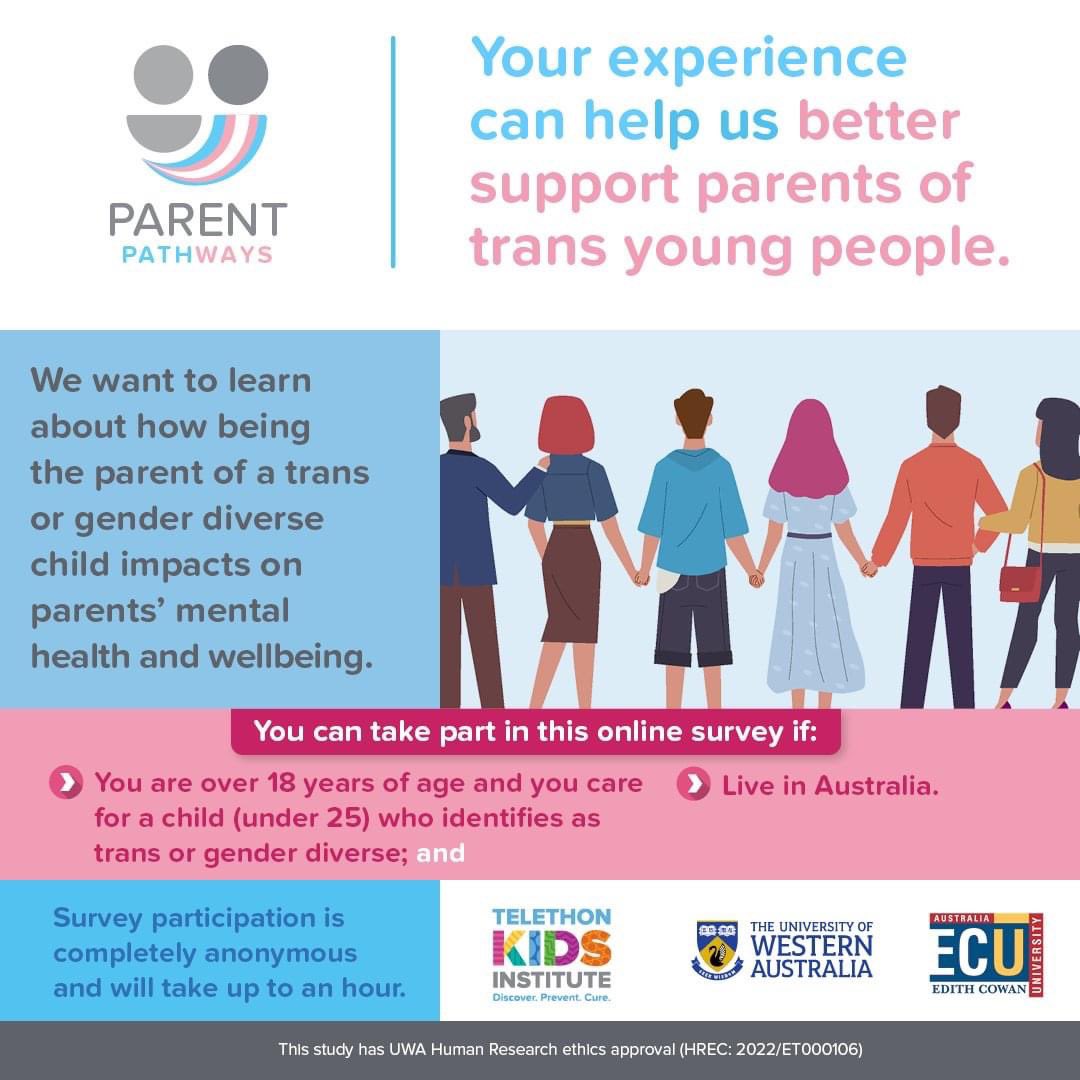 lin_ashleigh's tweet image. Does your child (aged 25 or below) identify as trans or gender diverse? Your experience can help us better understand the potential impact to parents’ wellbeing and mental health.
⠀⠀⠀⠀⠀⠀⠀⠀⠀⠀⠀
Complete our anonymous online survey; bit.ly/parentpathway