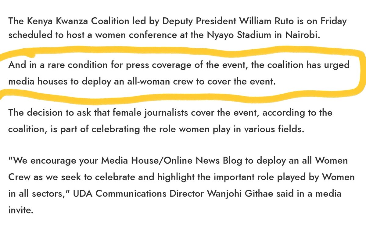 Dear <a href="/citizentvkenya/">Citizen TV Kenya</a>, Kenya Kwanza did NOT put conditions. We just encouraged the Media Houses to send an All FEMALE Crew, the FINAL decision was up to NEWSROOMS. 

"We encourage your Media House/Online News Blog to deploy an all Women Crew..." 

#KenyaKwanzaLadiesFirst