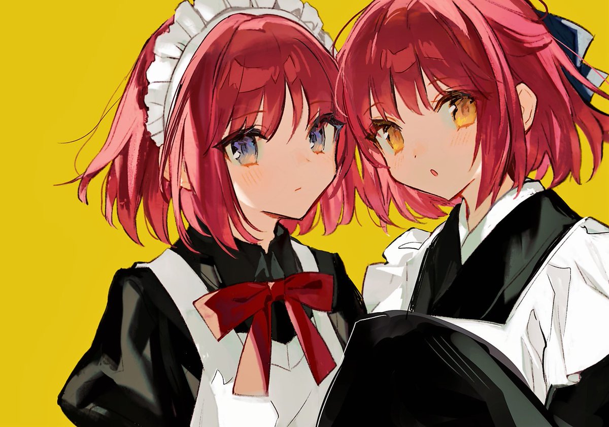 hisui (tsukihime) ,kohaku (tsukihime) multiple girls 2girls apron siblings maid headdress yellow background sisters  illustration images