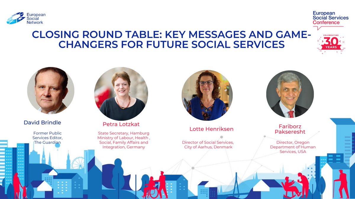 ESNsocial's tweet photo. Our final session of #ESSC2022 now getting underway with @PLotzkat, @hamburg_de; Fariborz Pakseresht @ORHumanServices and Lotte Henriksen, @AarhusKommune, moderated by @DavidJ_Brindle looking at the transformative changes needed to ensure resilient #socialservices https://t.co/ZfieHhh7JI