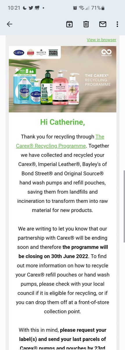 TTerracycle's tweet photo. @cussonspro what are your plans to ensure your hand wash pouches can still be recycled, after cancelling your contract with @TerraCycleUK https://t.co/kviNDe5EWy