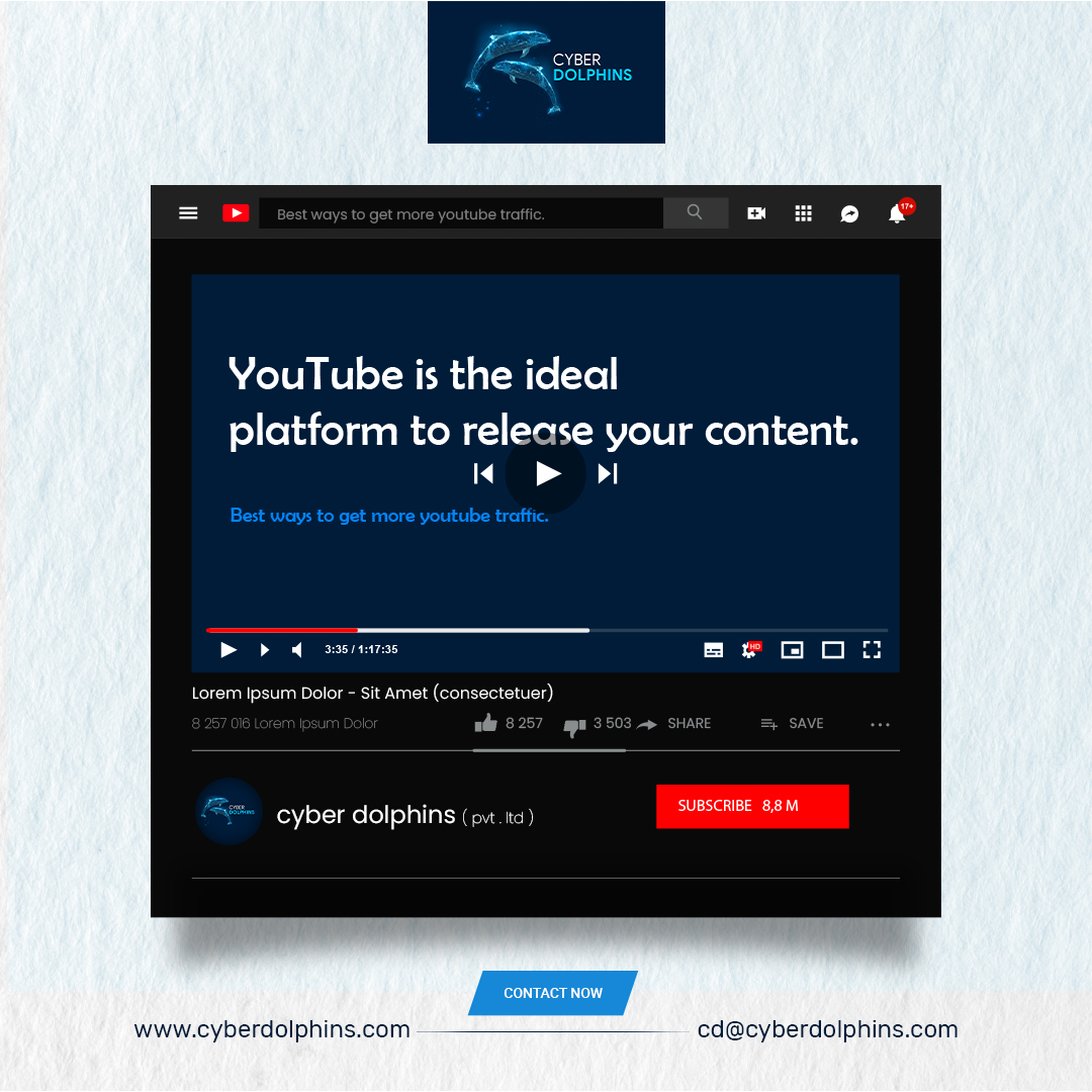 Does delivering one of a kind, excellent content ensure a huge number of perspectives consistently? No, it doesn't — there are extra advances you really want to take to succeed. Connect with us to know more.
Visit - cyberdolphins.com
Call us - +65 96317049
#youtubetraffic