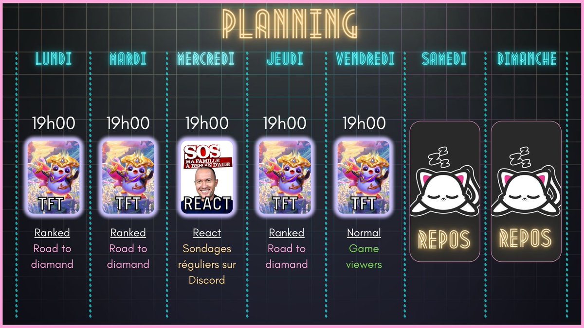 Coucou les amis 💜

Voici mon planning pour les semaines à venir, ce sera mis à jour s'il y a du changement ! 

On se retrouve ici : twitch.tv/leenamars