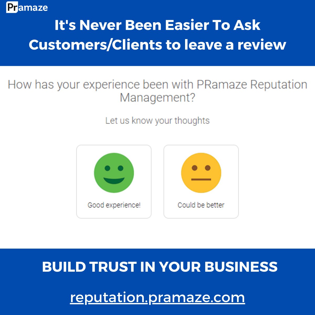 It has never been easier to ask clients or customers for reviews. Get reviews with one click. The key to getting reviews is to make it simple for your clients. It doesn't get much easier than this.  reputation.pramaze.com 
#reputationmanagement #reviews #reviewsmatter #trusted