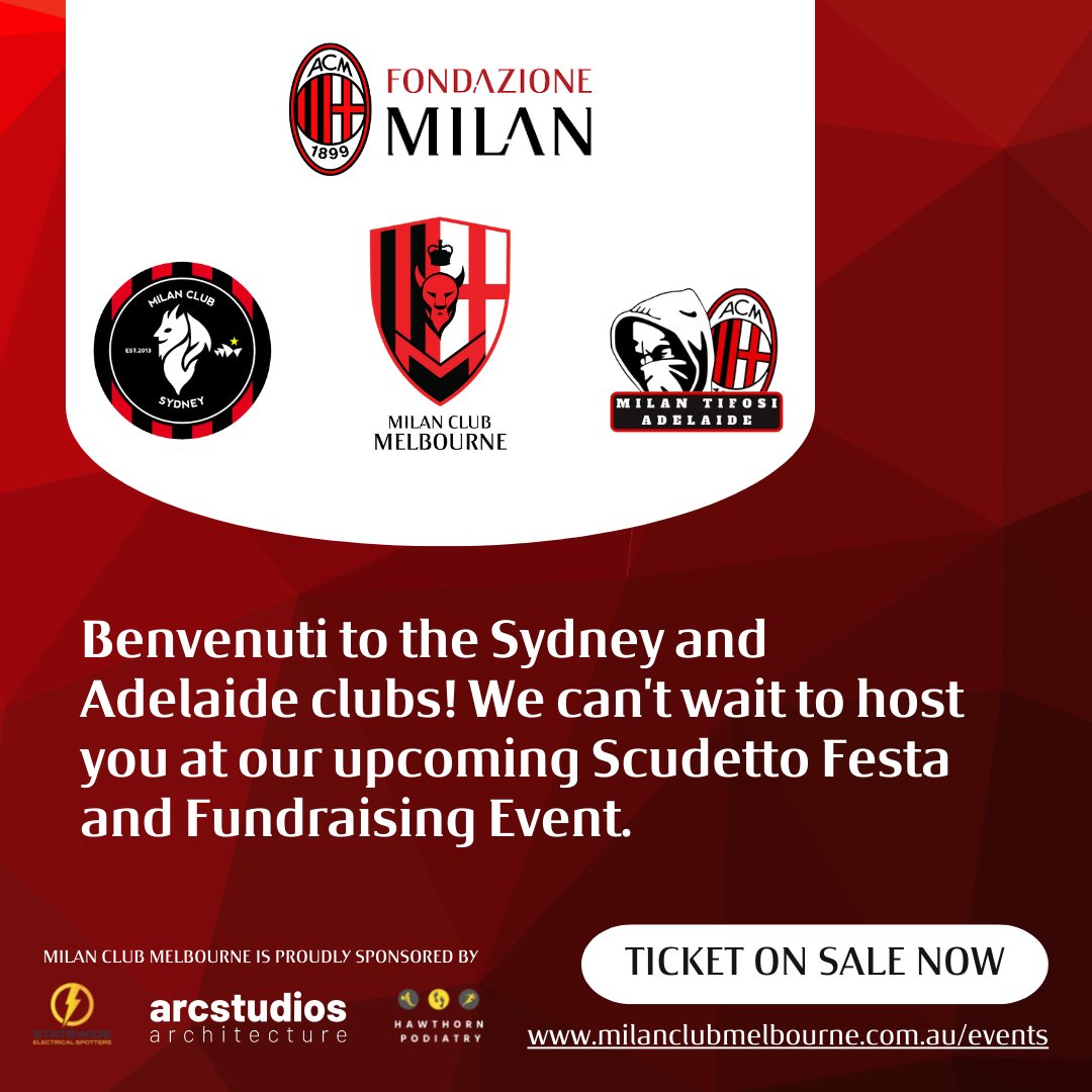 milanmelbourne's tweet photo. We are so excited for our upcoming Scudetto Festa. Did you know that members from Milan Club Sydney and Milan Club Adelaide will also be in attendance!

Tickets for the evening are available on our website. https://t.co/MDFaLvKy9s.

Sales for the event end this Wednesday. https://t.co/L4IofvCMbq