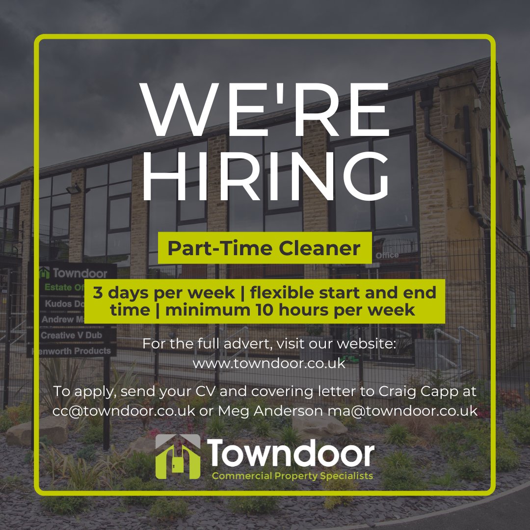 TowndoorLtd's tweet photo. ⭐We're HIRING!⭐

We’re looking for a Part-time Cleaner to join our team to be responsible for all cleaning duties at several properties/businesses we operate.

Visit our website to read the full job description:  https://t.co/3fIa8LuOY5

#Hiring #HuddersfieldJobs #CleanerWanted https://t.co/ZEk2Hh4hsP