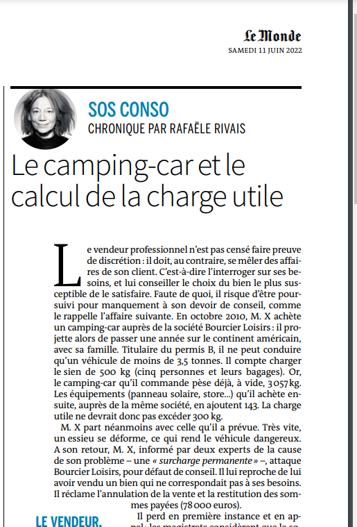 rafaelerivais's tweet photo. Le #devoirdeconseil du #vendeurprofessionnel s'applique aussi à l'achat d'un #camping-car, comme l'explique la chronique Sosconso du Monde en kiosque cet après-midi
#justice #Contrat https://t.co/4vDyJkBsvU