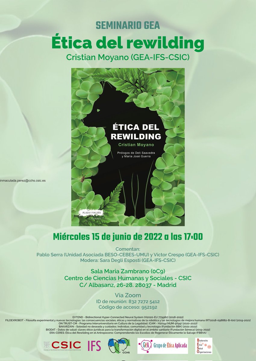 El próximo miércoles, 15 de junio, @_CristianMoyano presenta ÉTICA DEL REWILDING en el #seminariogea del @IFS_CSIC. Entrada libre y abierta al público. También se emitirá vía #zoom