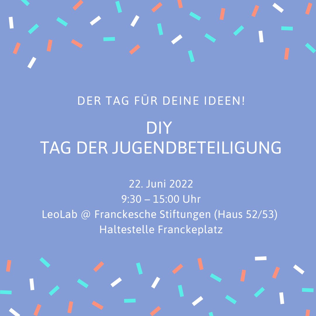 FWA_Halle's tweet photo. Du bist unter 27 und willst was in Halle bewegen, weißt aber nicht wie? Dann komm zu DIY - dem Tag der #Jugendbeteiligung am 22. Juni! Hier kannst du andere engagierte Jugendliche kennenlernen und an spannenden Workshops teilnehmen. Mehr Infos &amp; Anmeldung: https://t.co/eAgecc6IlL https://t.co/2ni1DEG65C