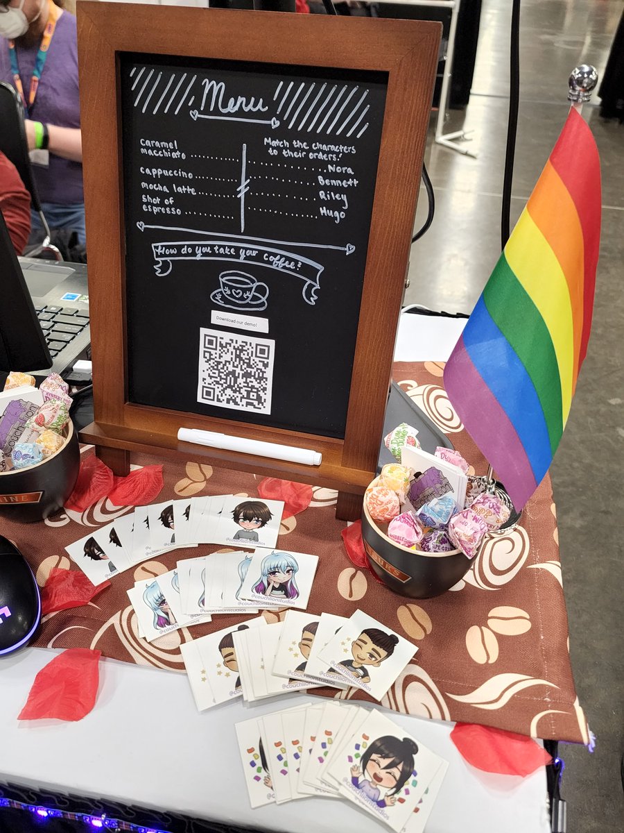 CouchLionStudio's tweet image. Order up! Our booth at #GDEX2022 is ready to go, featuring adorable stickers from our character artist @augidraws! #datingsim #gamedev #indiedev