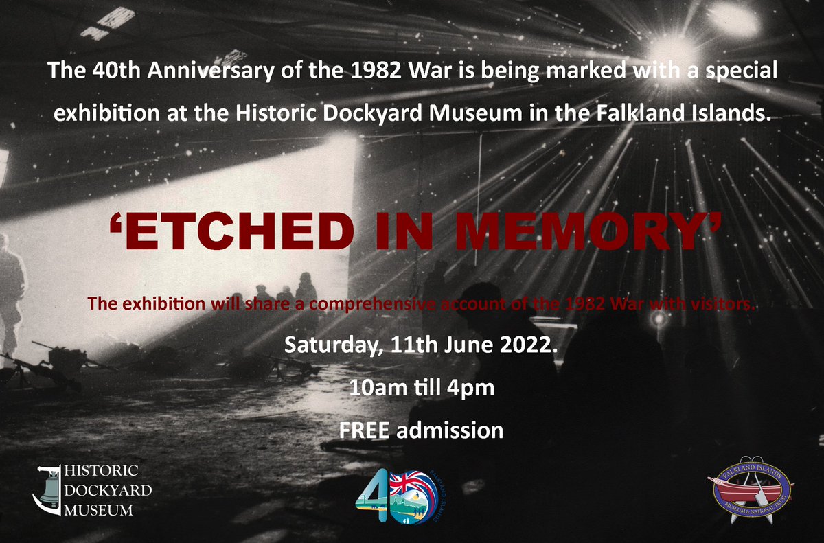 FIMuseum's tweet photo. We launch our newest exhibition, ‘Etched in Memory’ this evening at a canapé reception for invited guests. Sadly, the Royal Marine Band has been delayed arriving so won’t be at the event as planned.
#1982War #FalklandsWar #EtchedInMemory #FalklandsMuseum https://t.co/mHk8yHkJwI