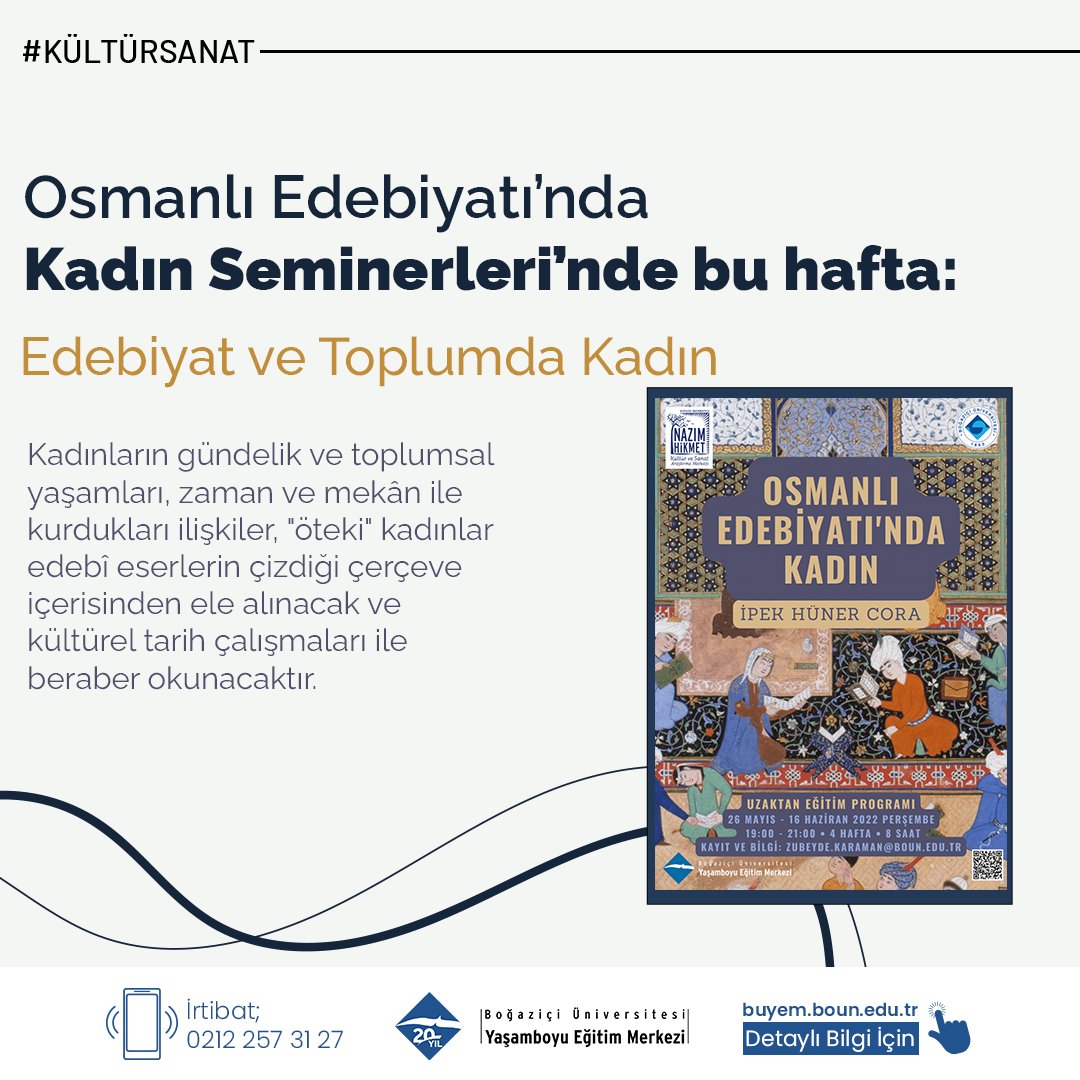 buyem_boun's tweet photo. Osmanlı Edebiyatında Kadın Seminerlerimizde önümüzdeki hafta #Edebiyat ve #Toplumda Kadın konusunu inceleyeceğiz.
Edebiyattaki kadın temsillerinin bizlere toplumsal cinsiyet tarihi açısından neler söyleyebileceği ele alacağız.
#Büyem #BoğaziçiÜniversitesi #OsmanlıEdebiyatı https://t.co/0mtcgfdPtr
