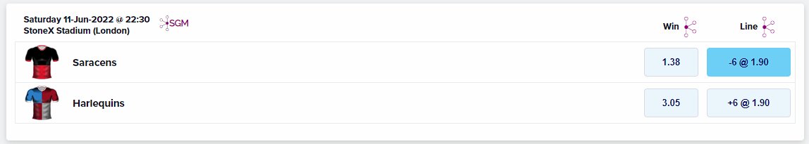 🏴󠁧󠁢󠁥󠁮󠁧󠁿 Gallagher Premiership Rugby 🏉 #GallagherPrem
Saracens 💫 vs Harlequins 🃏
Play : Saracens -6 -110 / 1.90$ ( TopSport ) Risking 1.1u to Win 1u
Writeup to come later ✍️, GL if tailing
Best number available on the market, would still play at -7.5
