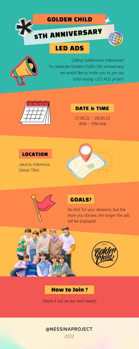 nessinaproject's tweet photo. 📢 Goldenness INA Project presents:

✨ GOLDEN CHILD 5TH ANNIVERSARY LED-ADS Project ! ✨

🗓 27-28.08.22 4PM - 7PM WIB
📍Jakarta, Indonesia (detail TBA)

more details: coming soon

#GoldennessINA
#GoldenChild 
#골든차일드 https://t.co/pBypPP8WAg