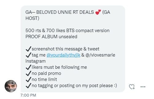 pizzansunsets's tweet photo. OMG NANGINGINIG PA RIN AKOO!! 😭😭THANK U SO MUCH MAMII @yourdailythvjjk U DABEST!! <333

Guys, please help me achieve this goal for my PROOF Album (Compact Ed) PLEASEE 😭 I need
- 500 RETWEETS
- 700 LIKES

Note: u must follow @yourdailythvjjk here on twt and @vlovesmarie on ig! https://t.co/2q8KFTn7Rd