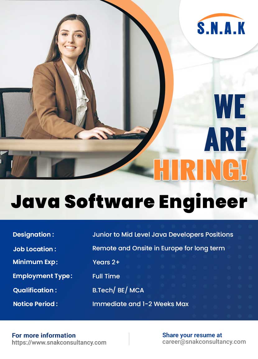 We Hiring - Role Designation: Junior to Mid Level Java Developers Positions
Send Your Resume at career@snakconsultancy.com
#JAVAsoftware #hiring #javahiring #javasoftwareengineer #JavaDevelopersPositions