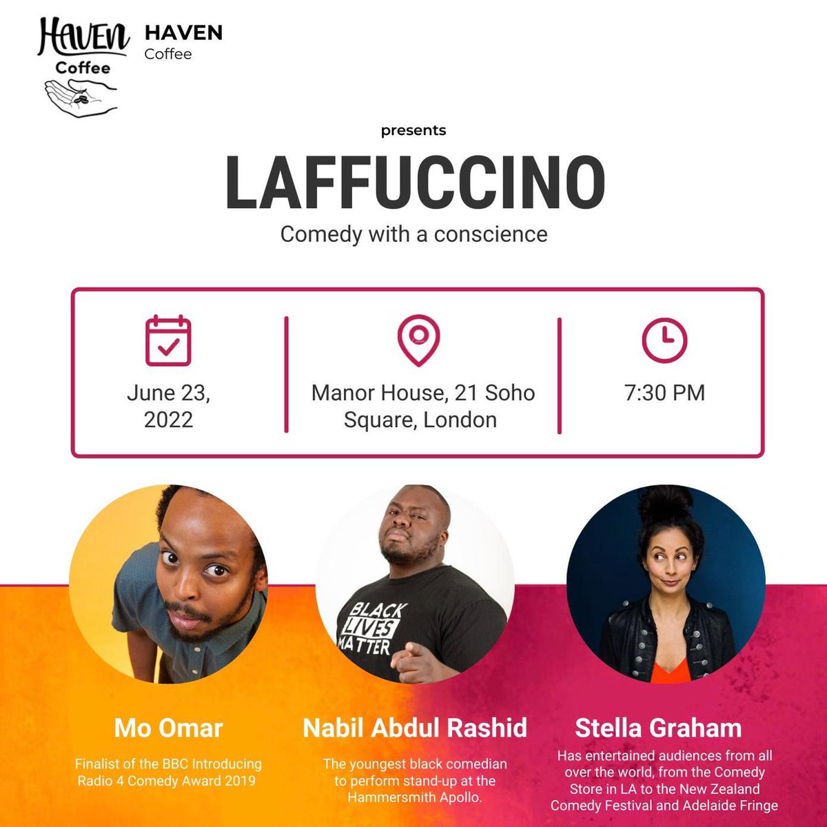 Very excited to have Haven Coffee back at our venue with their 5th instalment of LAFF-UCINO! Join us during #RefugeeWeek for comedy with a conscience with Nabil Abdulrashid, Mo Omar, Stella Graham & More!🤩 Thursday 23rd June 7:30pm 🎟️bit.ly/3Be0mcM @Nabilu
