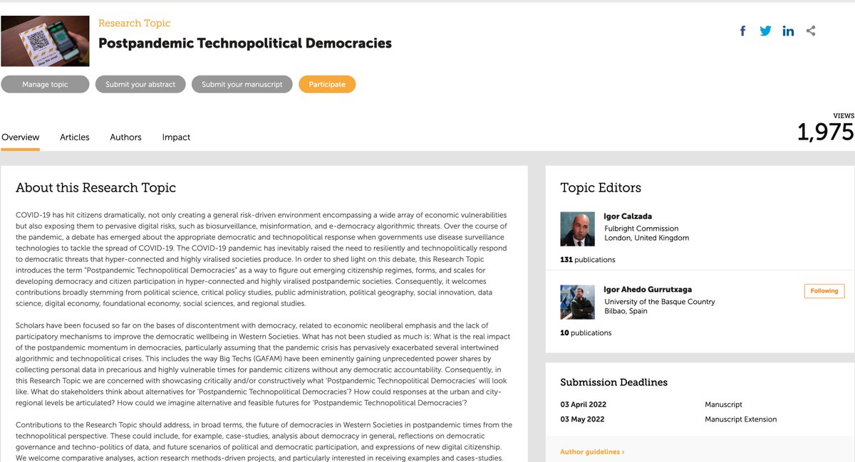 ICalzada's tweet photo. 😷 #CfP #SpecialIssue #ResearchTopic @FrontPolSci #editor
'#Postpandemic #Technopolitical #Democracies'
https://t.co/odb0Sf6Ol6
#PoliticalInnovation #COVID #DataSovereignty #DigitalRights #SocialInnovation #Delibwave #Surveillance #Biopolitics #Digitalisation #Technologies https://t.co/gsPu3E7KvN