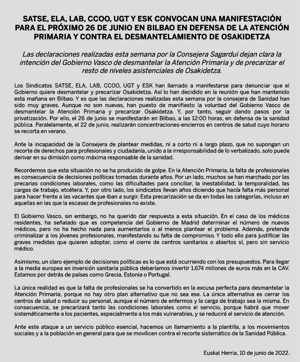 Los sindicatos CONVOCAN una MANIFESTACIÓN para el PARA  26 de JUNIO En BILBAO “EN DEFENSA DE LA ATENCIÓN PRIMARIA Y CONTRA EL DESMANTELAMIENTO DE OSAKIDETZA”