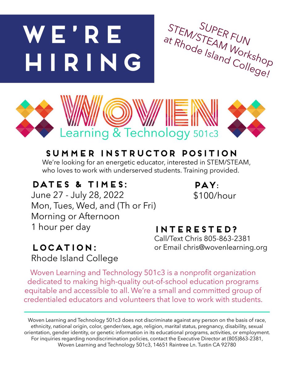 dailySTEM Chris Woods (@dailystem) on Twitter photo Hey teachers…are you or someone you know in the Rhode Island area?
<a href="/wovenlt/">Woven Learning & Technology</a> is an education nonprofit that runs #STEM workshops for underserved youth & they need a fun part-time STEM teacher for a summer workshop.
Info below: Hey teachers…are you or someone you know in the Rhode Island area?
<a href="/wovenlt/">Woven Learning & Technology</a> is an education nonprofit that runs #STEM workshops for underserved youth & they need a fun part-time STEM teacher for a summer workshop.
Info below: