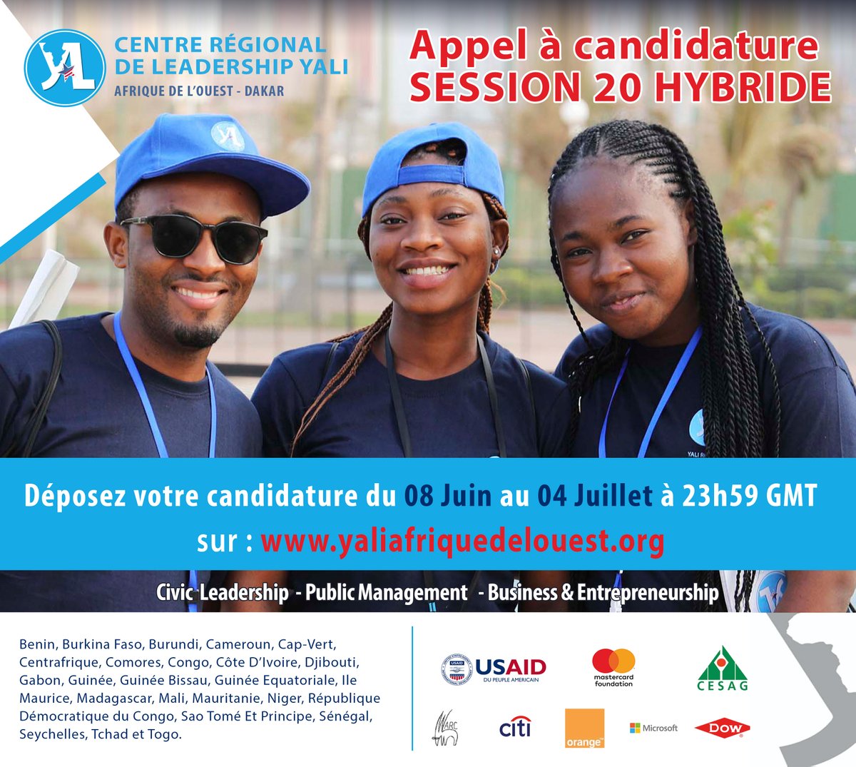 yalidakar's tweet photo. L'appel à candidature pour la session 20 hybride du CRL YALI–Dakar a démarré et prend fin le 04 juillet 2022, à 23H59 GMT. Pour déposer votre candidature, rendez-vous sur notre site web https://t.co/iq2bG7jtsO https://t.co/gJpe1vdecg