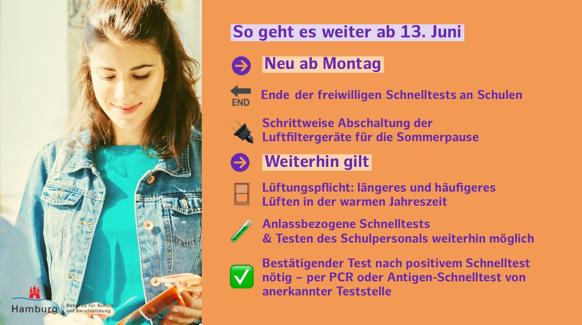 Montag, 13.6., läuft das Serviceangebot der freiwilligen Schnelltestungen an den Schulen aus und die Luftfiltergeräte werden schrittweise abgeschaltet. Anlassbezogene Tests &amp; Tests für das Schulpersonal bleiben weiterhin möglich. Alle Regeln hier im Überblick: #coronaHH