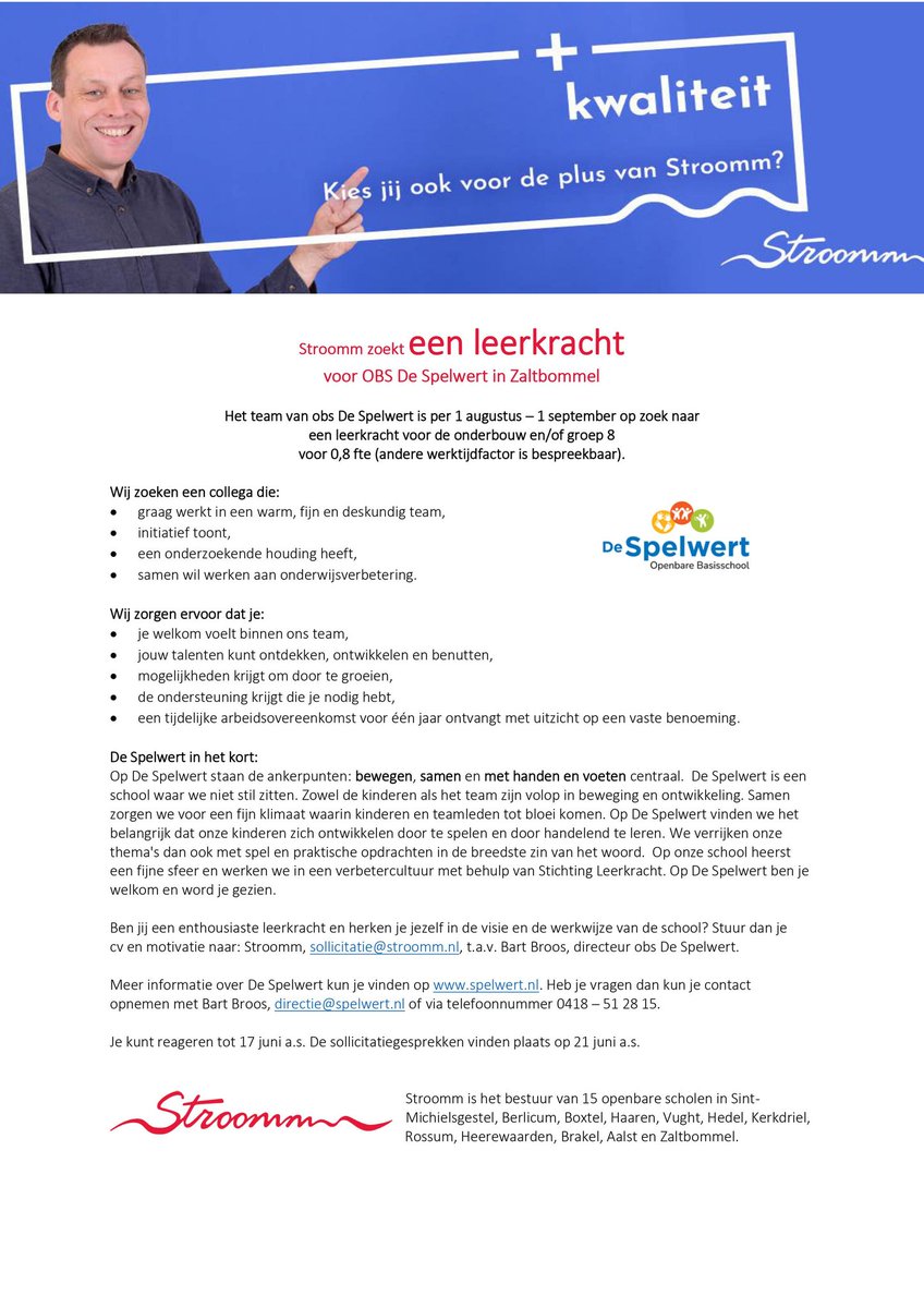 Op <a href="/ObsDeSpelwert/">ObsDeSpelwert</a> zoeken we een leerkracht! 

Wil jij werken op deze fijne school? Ik hoor graag van je!

stroomm.nl/vacature-leerk…

<a href="/stgStroomm/">STROOMM</a>