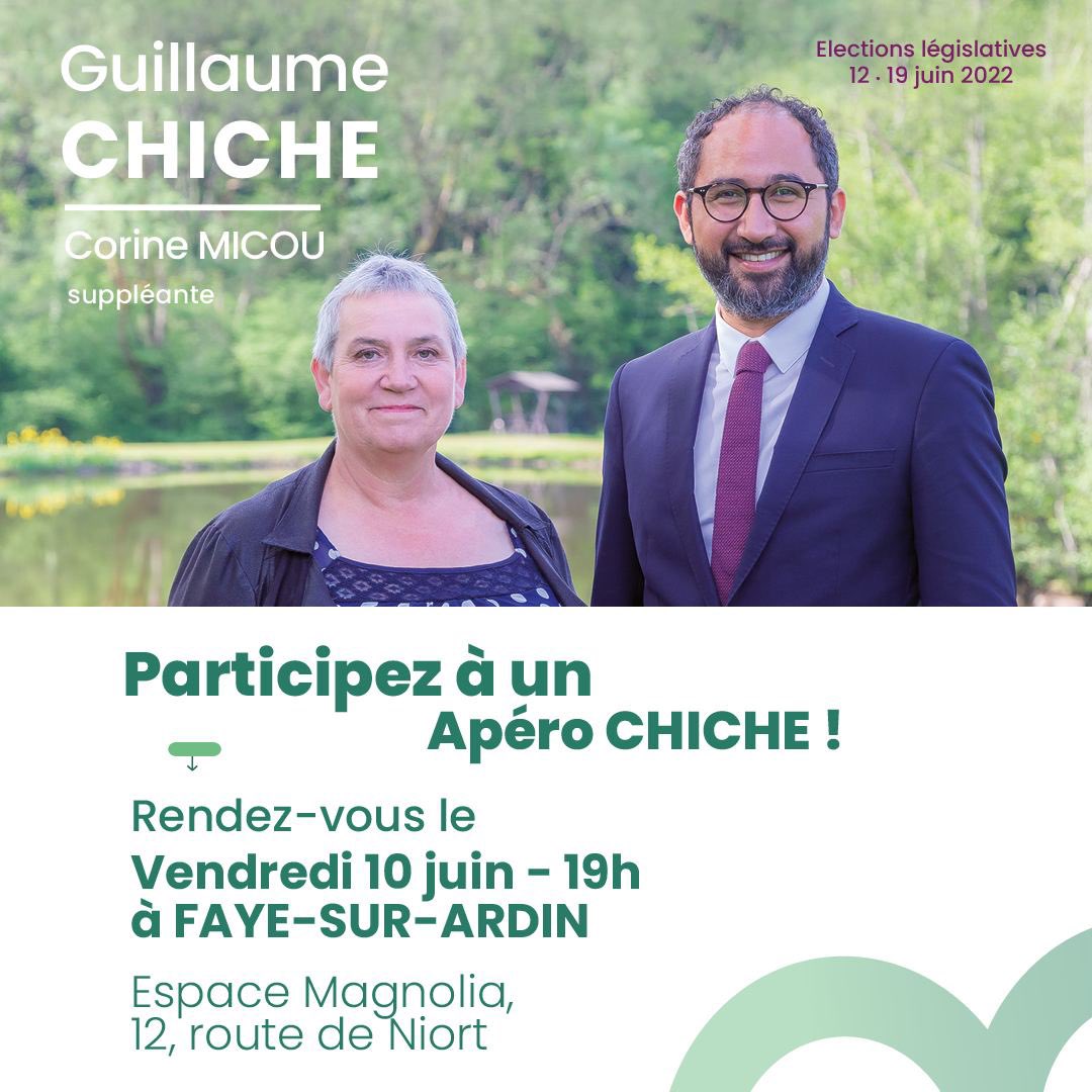 Dernier Apéro Chiche de la campagne avant le 1er tour ! ☀️

Rendez-vous à Faye sur Ardin, Espace Magnolia, 12 route de Niort, à 19h pour échanger dans la convivialité et débattre de nos propositions ! 

A ce soir ! #legislatives2022 #DeuxSevres ⤵️