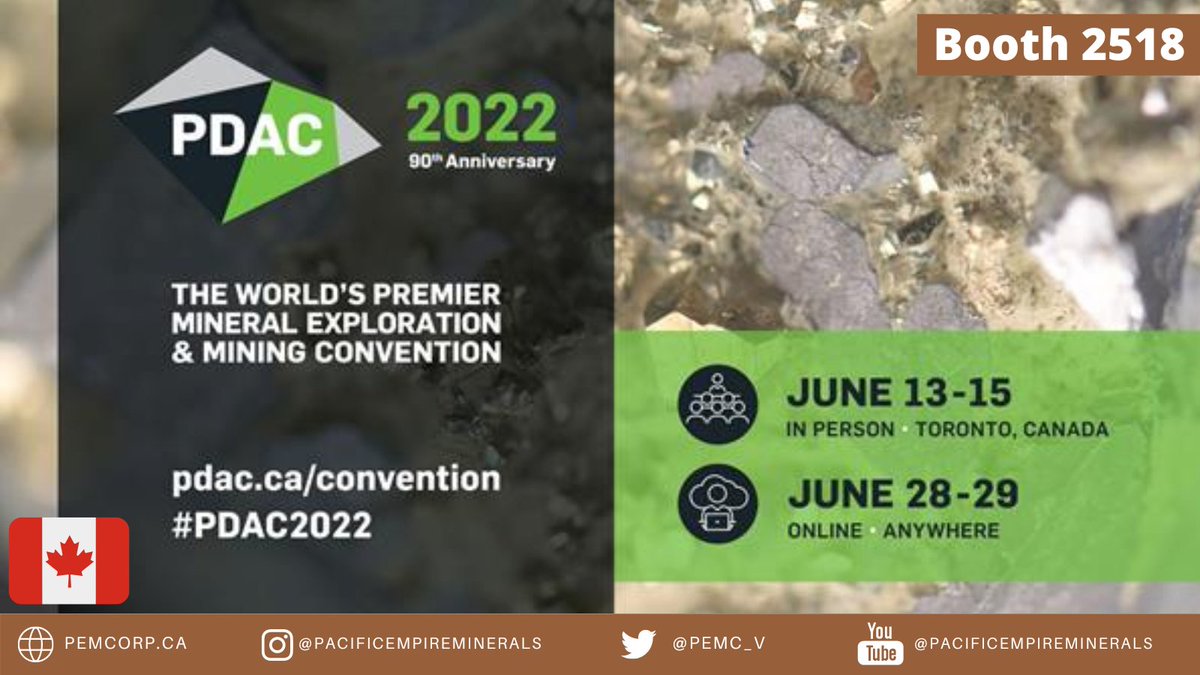 Pacific Empire Minerals will be at #PDAC2022 in Toronto June 13th-15th at Booth #2518. The @PEMC_V team CEO Brad Peters and VP Ex Thomas Hawkins will be there to connect with shareholders and provide a corporate update. Looking forward to seeing everyone in Toronto next week!