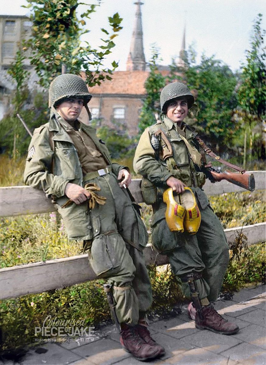 Gordon Carson and Frank Perconte of Easy Company, 101st #AirborneDivision #506thPIR, lean against a fence on the banks of the #Dommel River which runs through #Eindhoven (Bleekweg), #TheNetherlands. 
17/18 Sept. 1944.

Both troopers survived # WW2.

#Bandofbrothers #Brabant #OMG