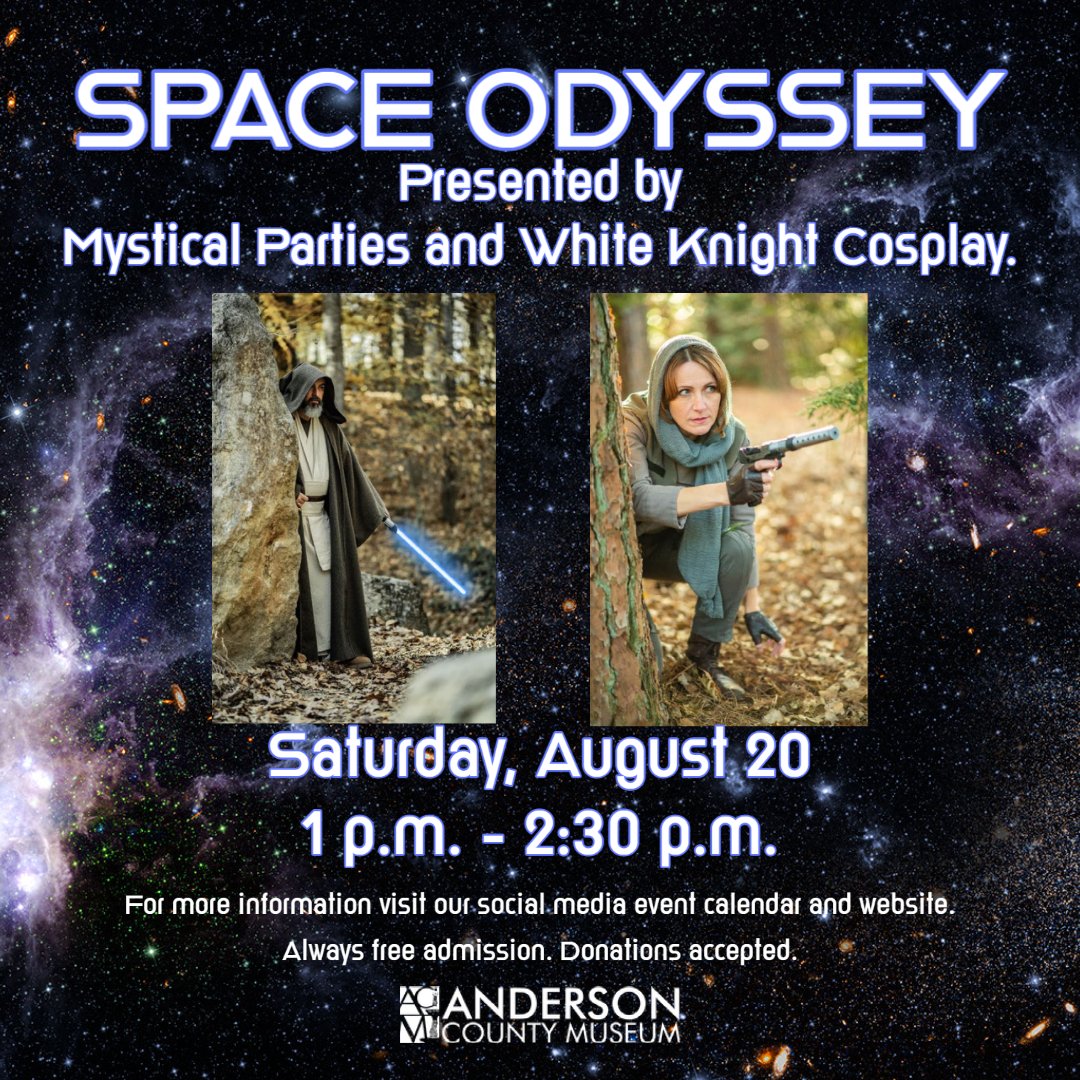 AndCountyMuseum's tweet photo. Join us at the museum on August 20 from 1 p.m. until 2:30 p.m. for the third part of Summer Cosplay presented by Mystical Parties and White Knight Cosplay!

There is no fee needed to be one with the force!

For more info email Linda Loparo: lbloparo@andersoncountysc.org https://t.co/dJfNvqqyEp