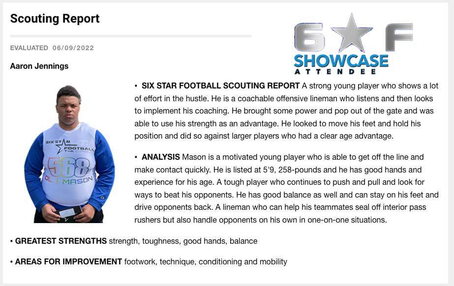 SCOUTING REPORT  |  Kenddrick Mason
 
5’9 258  |  OL  |   2026  |   Millard South  |  <a href="/KenddrikThoHog/">Kenddrik Mason</a>
 
🏈 Kenddrick was a standout performer at the Six Star Football NE Showcase!
 
👤
sixstarfootball.com/player/kenddri…