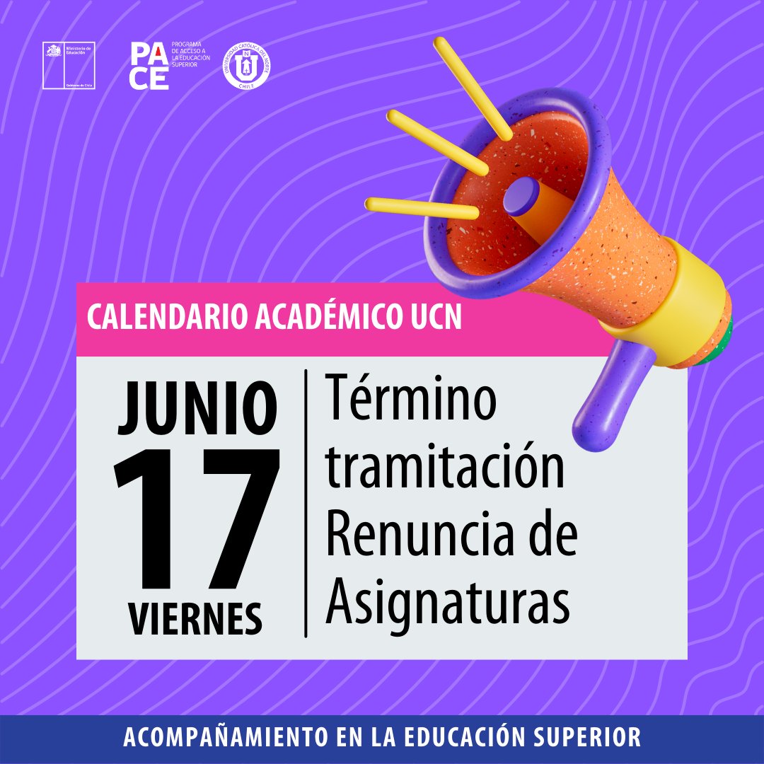 paceucn's tweet image. ¡ATENCIÓN ESTUDIANTES!🚨
El próximo viernes 17 de junio finaliza el plazo para tramitar la renuncia de asignaturas. 
✅Recuerda que puedes solicitar ayuda a tu Estudiante Guía PACE UCN, a través del celular PACE +56984515747.
#renunciadeasignaturas #calendarioacadémico