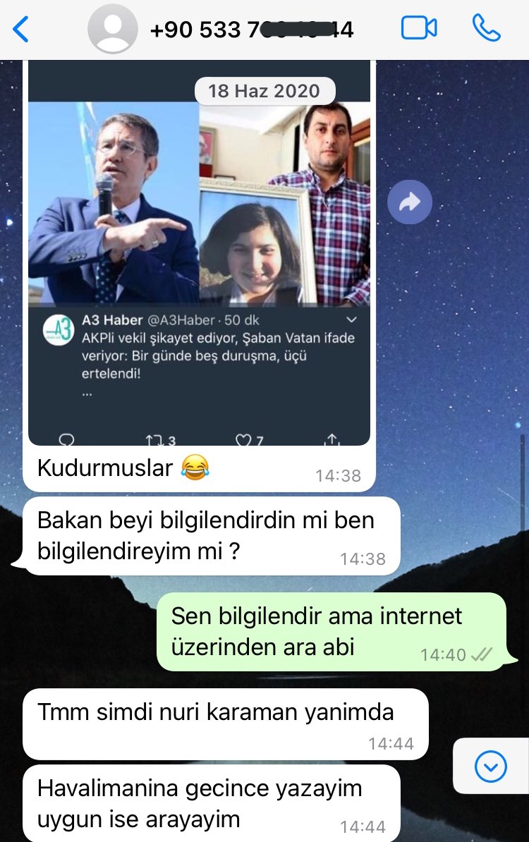 bu konuşma canikli’nin avukatı cebrail ç. ile canikli’nin yeğeni kemal c. arasında geçiyor. rabia naz için adalet arayan baba şaban vatan’ı canikli’nin şikayetiyle dava yağmuruna tutuyorlar. bir günde beş duruşma haberini avukat “kudurmuşlar” diye paylaşıyor. #CanikliDosyası