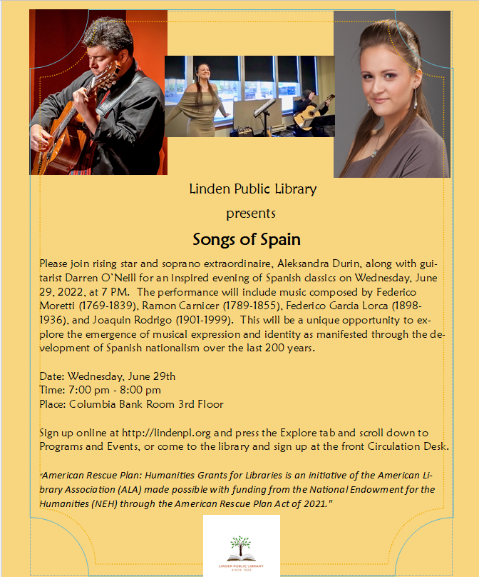 Join us for Songs of Spain on June 29, at 7 p.m.

#family #Songs #Spain #music #Spanish #Lindenpubliclibrary #LPL #Linden
