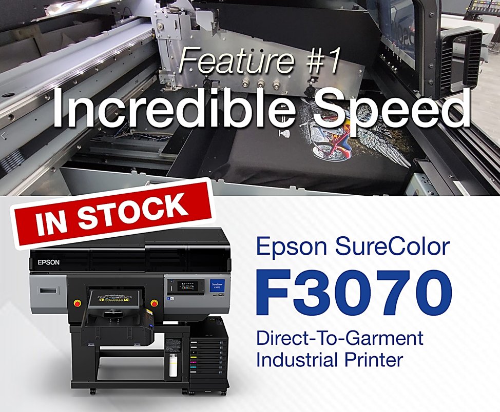 🚨 IN STOCK NOW 🚨
The industrial grade Epson F3070 DTG printer has on output of 50-60 full size, full color prints per hour! Incredible speed for $54,395 (includes white glove delivery, install &amp; training), competes head on with printers costing 3, 4, even 5 times as much!! #DTG