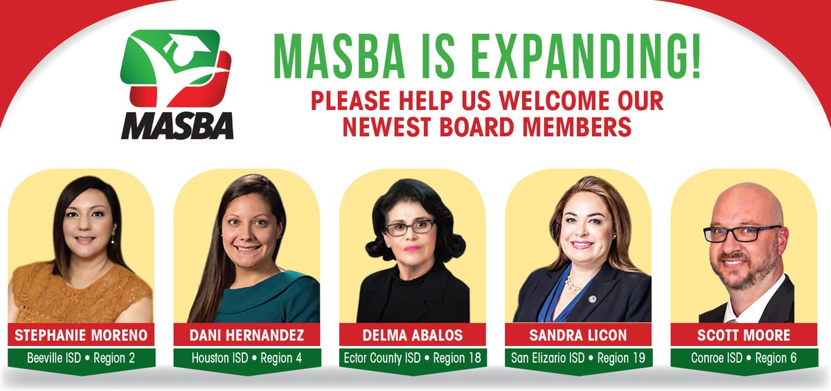 MASBA_US's tweet photo. We are proud to welcome FIVE new Board Members to the MASBA BOD.

Sandra Licon, San Elizario ISD
Stephanie Moreno, Beeville ISD
Scott Moore, Conroe ISD
Delma Abalos, Ector County ISD
Dani Hernandez, Houston ISD

Join us in congratulating these outstanding leaders! 
#txlege #txed https://t.co/ASsHlb8Nb3