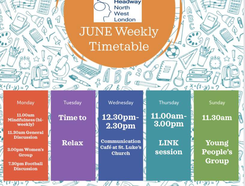 Take a look at our upcoming week. Feel free to join us or contact us for more information. 

#headway #livingwithabraininjury #volunteers #teamworkmakesthedreamwork #headwayNWL #becreative #braininjurylife #braininjuryawareness #braininjurysurvivors