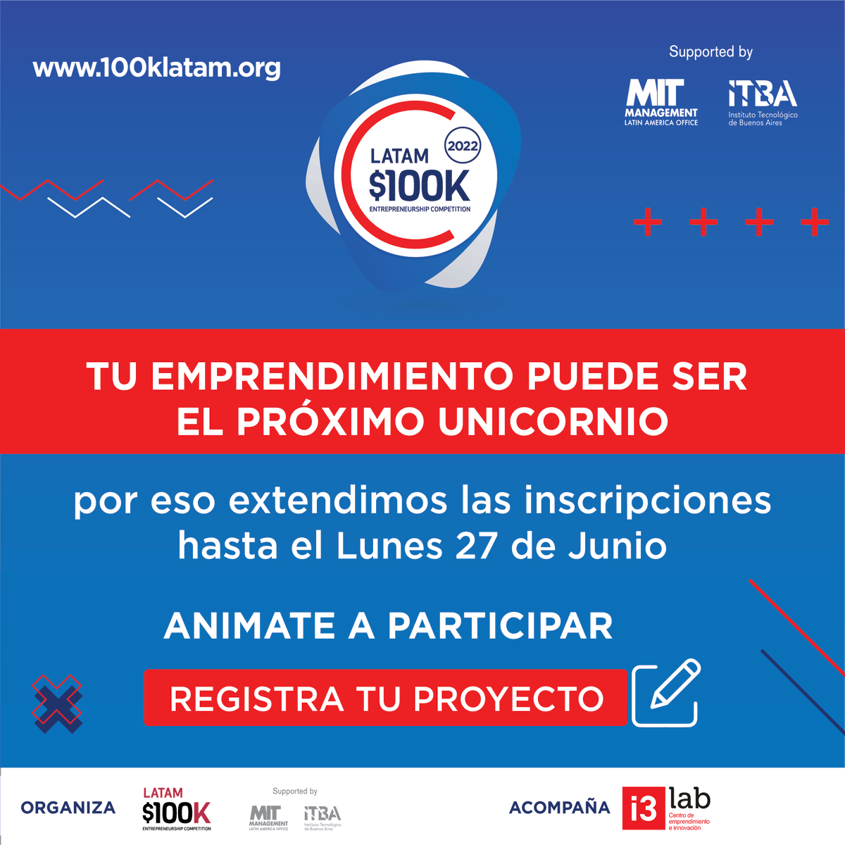 i3labespol's tweet image. Entre las tres categorías del concurso 100K
LATAM 2022 se reparten más de $ 100.000
en premios, además de lograr una difusión
única de tu proyecto en toda la región.

No pierdas esta oportunidad, anótate ahora en
este link ⬇️:
…latam2022.app.gradus-softwares.com.br/#/login

#100klatam #Innovación