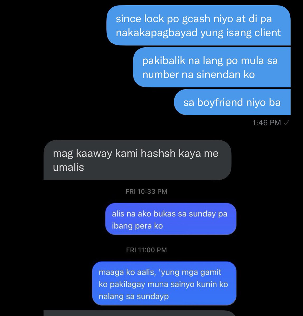 since marami na nakakakilala kay @ciaracocomms

throwback nung sinasabi niyang irerefund na niya ko pero (1) “locked” yung gcash niya and (2) di pa nagppay yung “other client” niya so i said yung gcash na lang ng bf niya yung gamitin (where i sent my payment)

her response… WOW