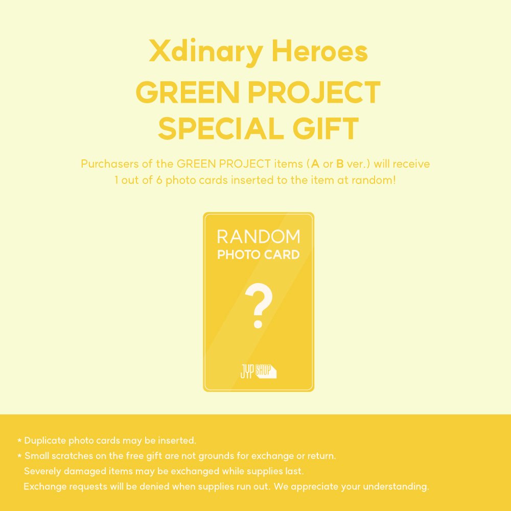 Joyooen's tweet photo. For the one and only Earth. Introducing JYP SHOP's GREEN PROJECT with Xdinary Heroes. You're greeted with cool stuffs! Get some, it will make Xdinary Heroes pleased, https://t.co/4dOl11yTSV. https://t.co/hcC0GPwTO5