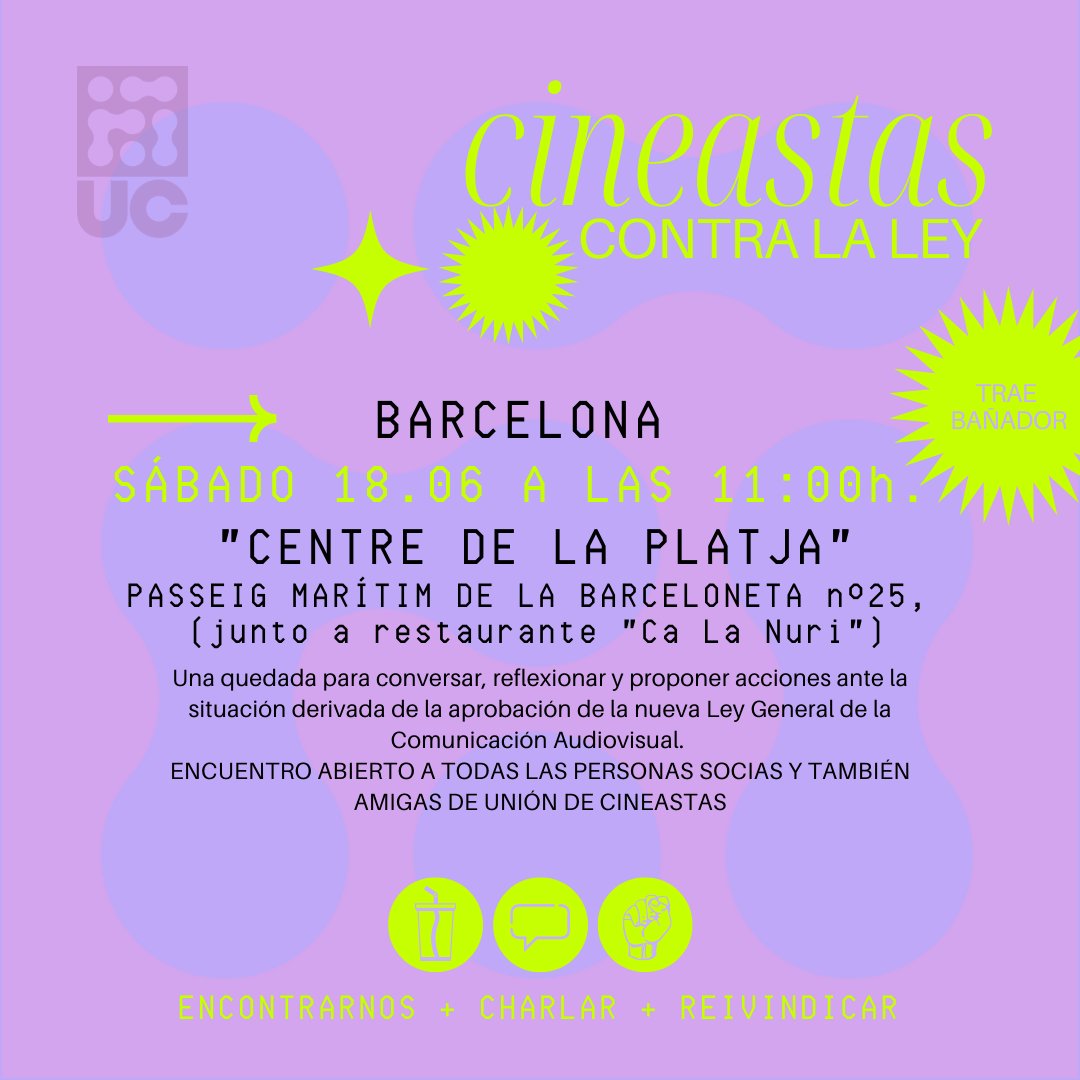 unioncineastas's tweet photo. ¡¡NOTICIA!! ¡¡VÉNGANSE!! Que hemos organizado una quedada para socias y amistades y así vernos, tomar algo y conversar sobre la la situación derivada de la aprobación de la Ley General de la Comunicación Audiovisual. 
16.06 en MADRID
18.06 en BARCELONA https://t.co/h41LtKCfP4