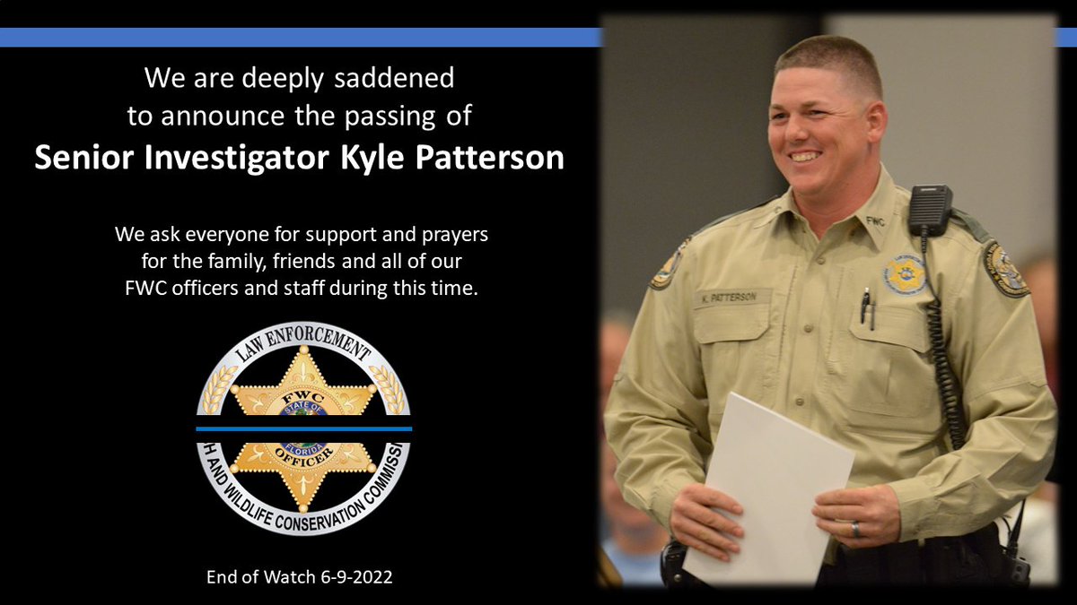 We are deeply saddened to announce the passing of Senior Investigator Kyle Patterson. We ask everyone for support and prayers for the family, friends and all of our FWC #officers and staff during this time. ow.ly/kPTC50JuJBx #LawEnforcement #EndofWatch