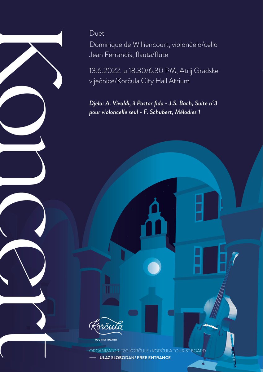 Concert
📅13.6.2022.
⏰ 18.30 
📍 Town Hall Atrium
Free entrance

Duet
Dominique de Williencourt, cello
Jean Ferrandis, flute